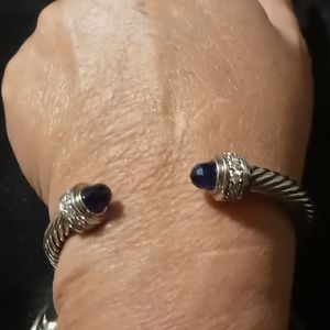 Twisted cable cuff sterling bracelet with blue sapphire gems & pave cz